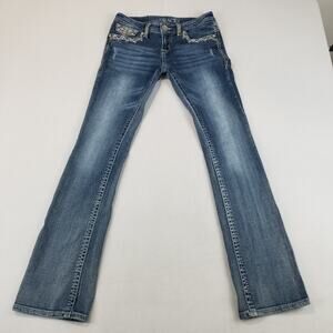 Grace in LA Womens 27 Blue Bootcut Jeans Embroidered Rhinestone Aztec Pockets
